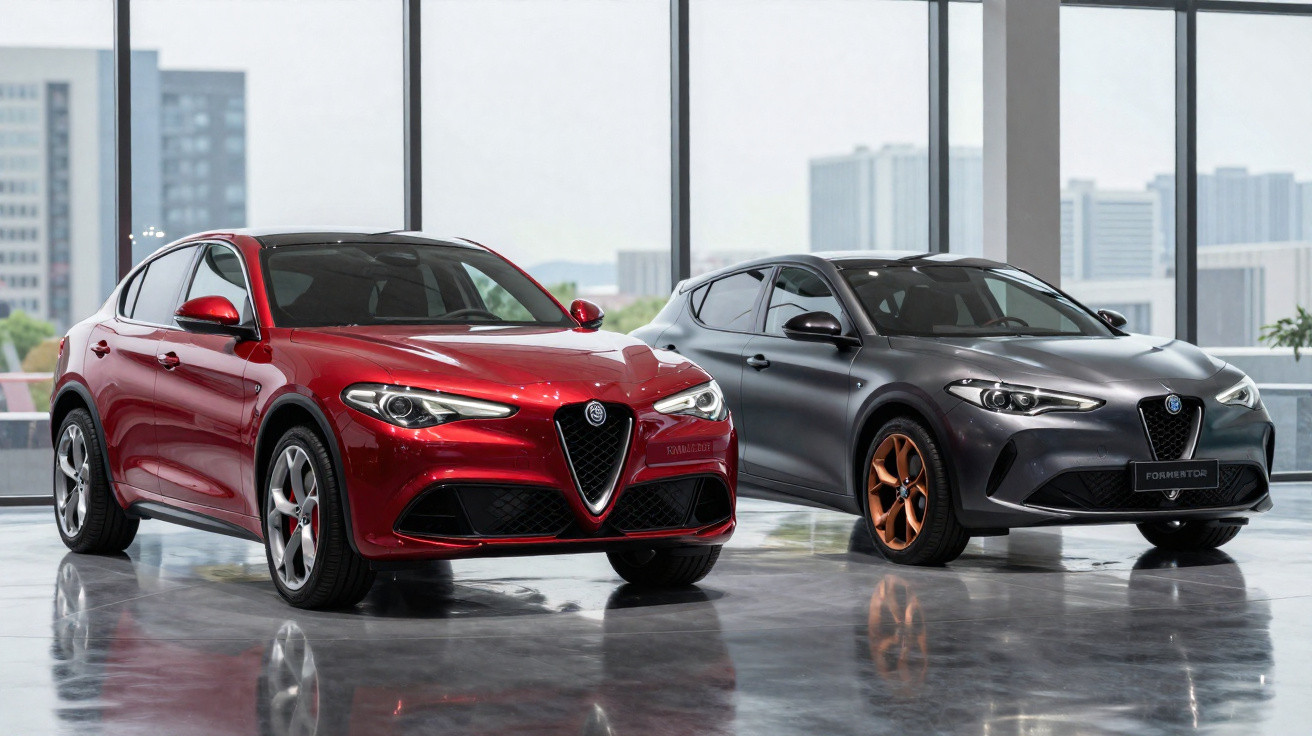 Dois carros Alfa Romeo Stelvio, um vermelho e outro cinza, estacionados em piso espelhado com janela de vidro ao fundo.