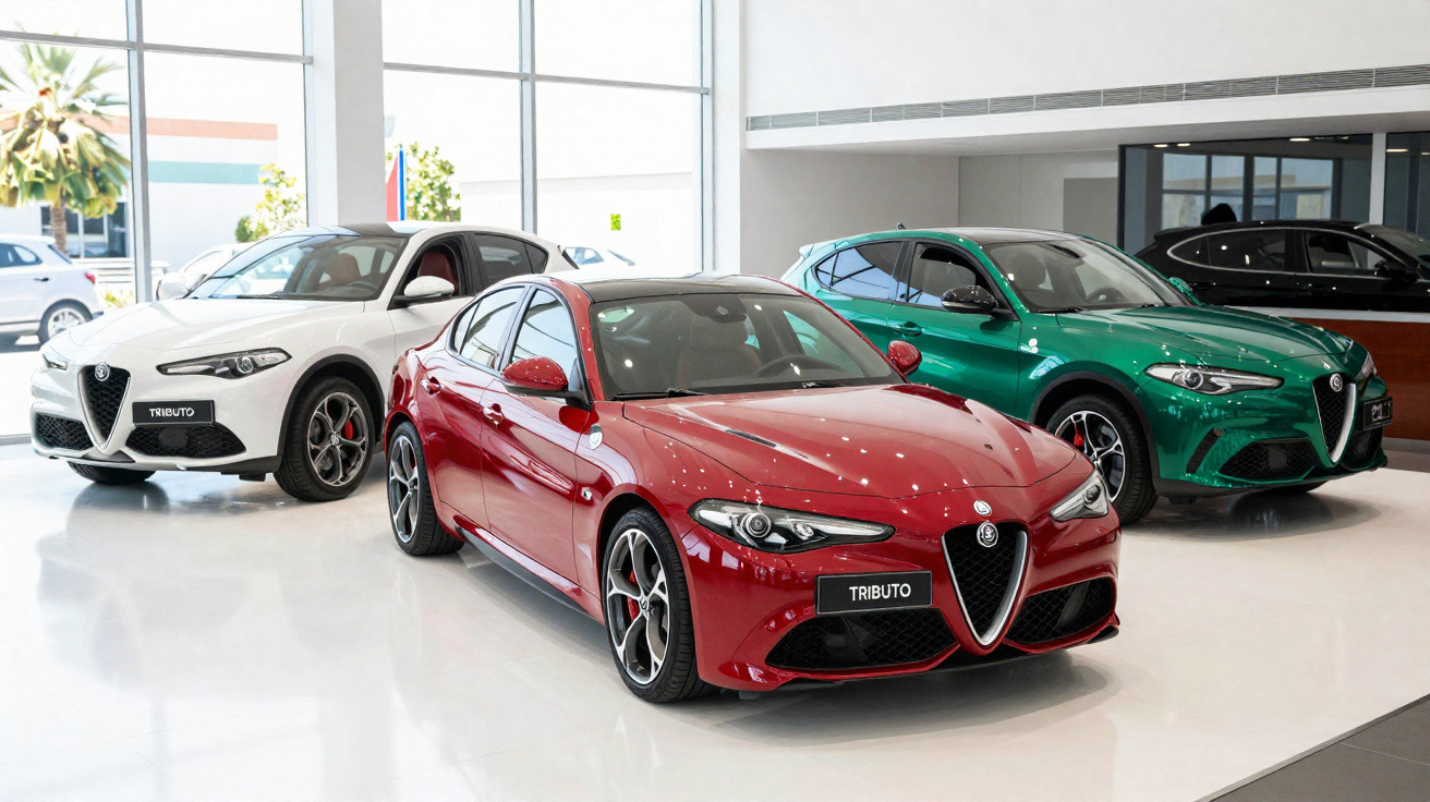Três carros Alfa Romeo Tributo em exposição, nas cores vermelha, branca e verde, num showroom moderno.