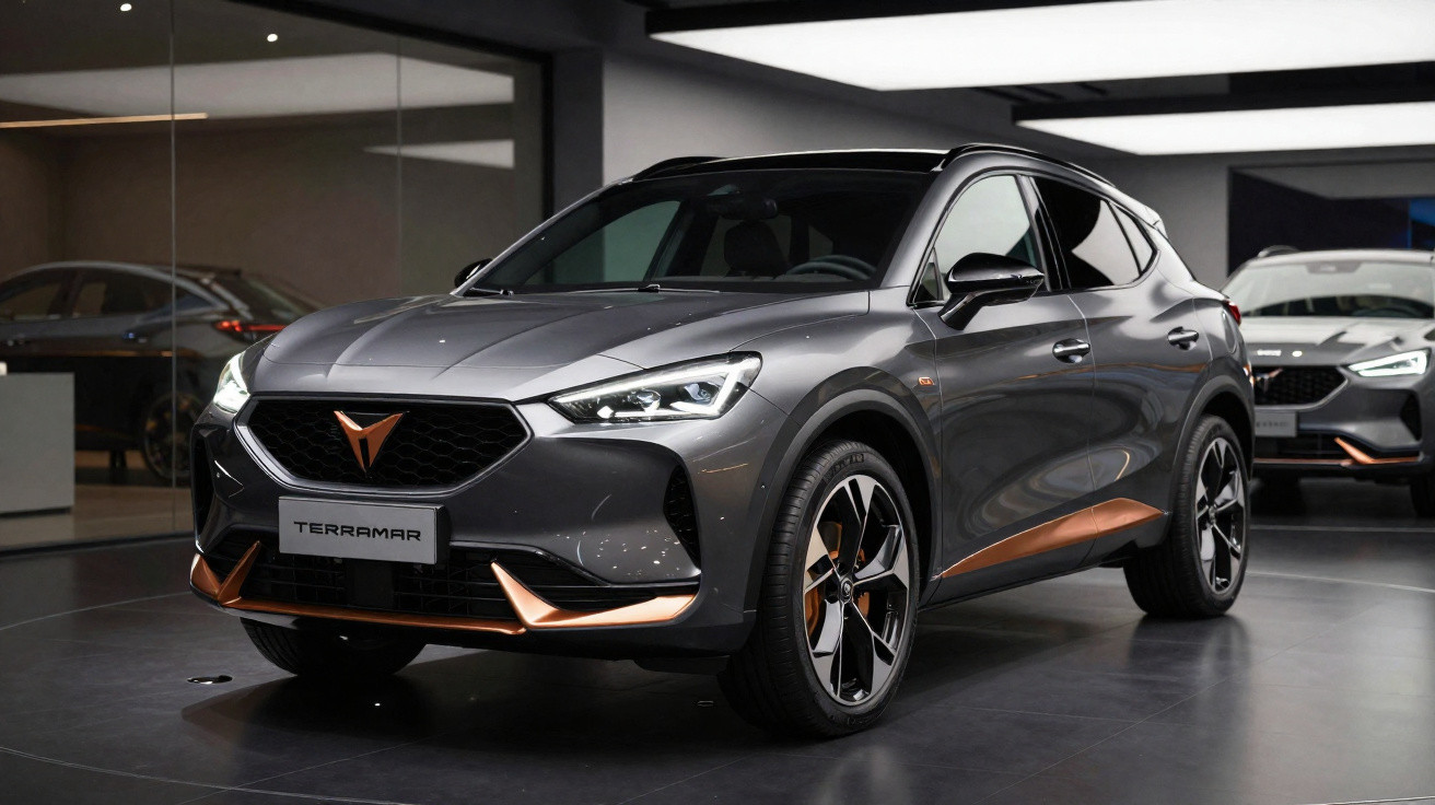 Carro SUV cinzento metalizado com detalhes laranja exposto em sala de showroom moderna e iluminada.