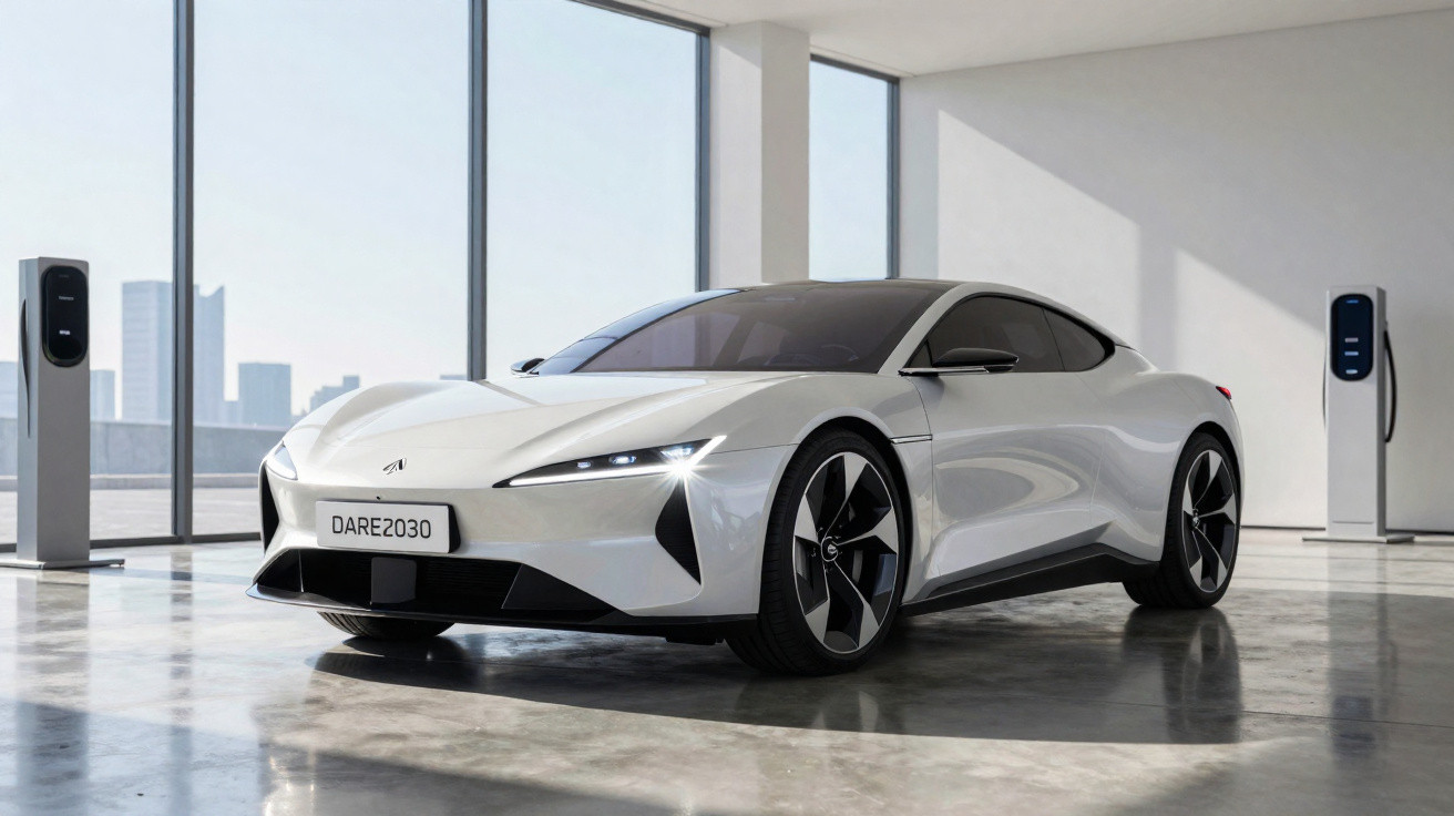 Carro elétrico desportivo branco estacionado numa garagem moderna com carregadores elétricos junto à parede.