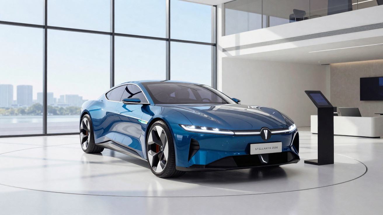 Carro elétrico desportivo azul estacionado dentro de showroom moderno com janelas grandes à frente.