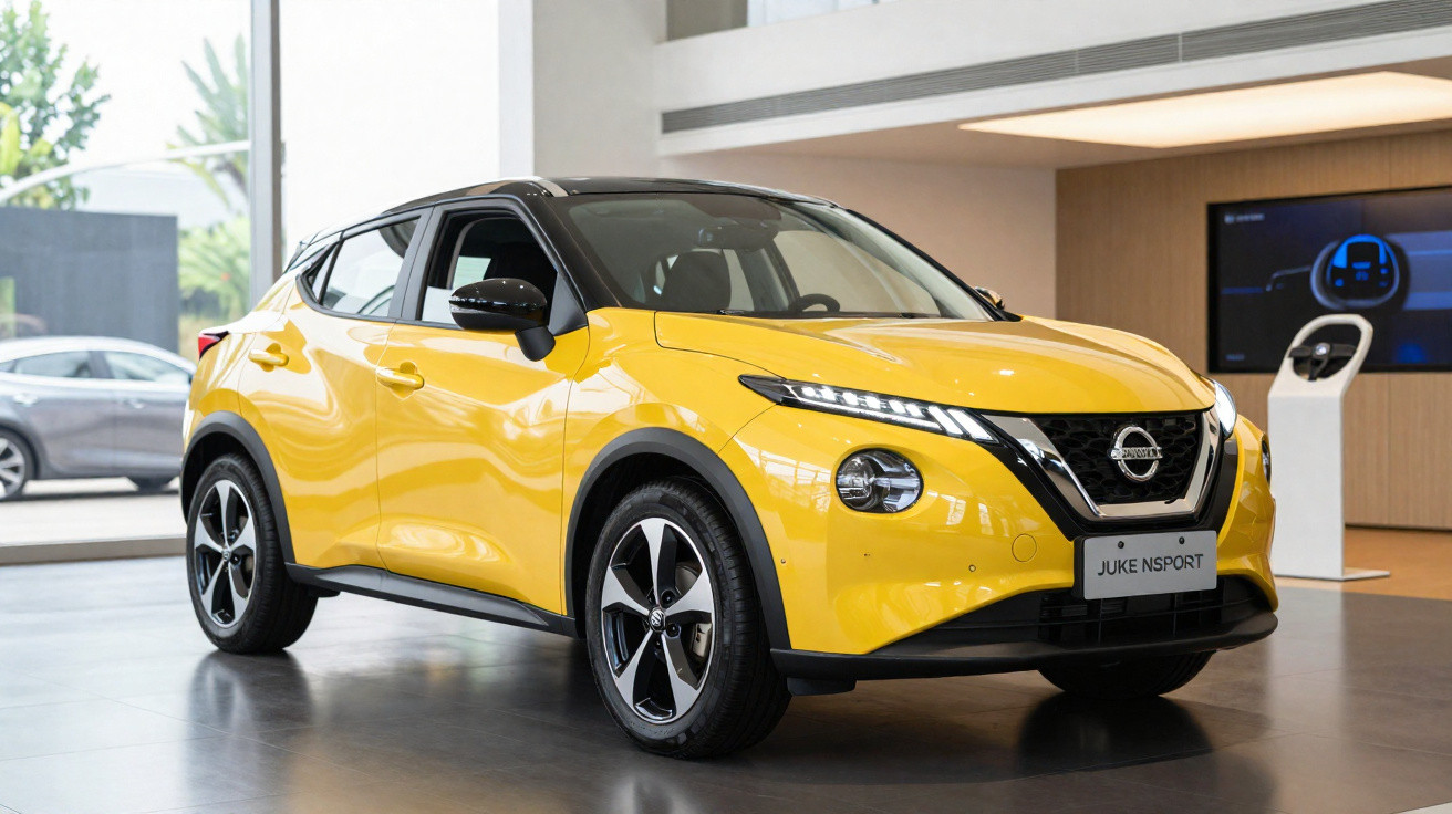 Carro SUV Nissan Juke amarelo com teto preto exposto em sala moderna, vista frontal angular.