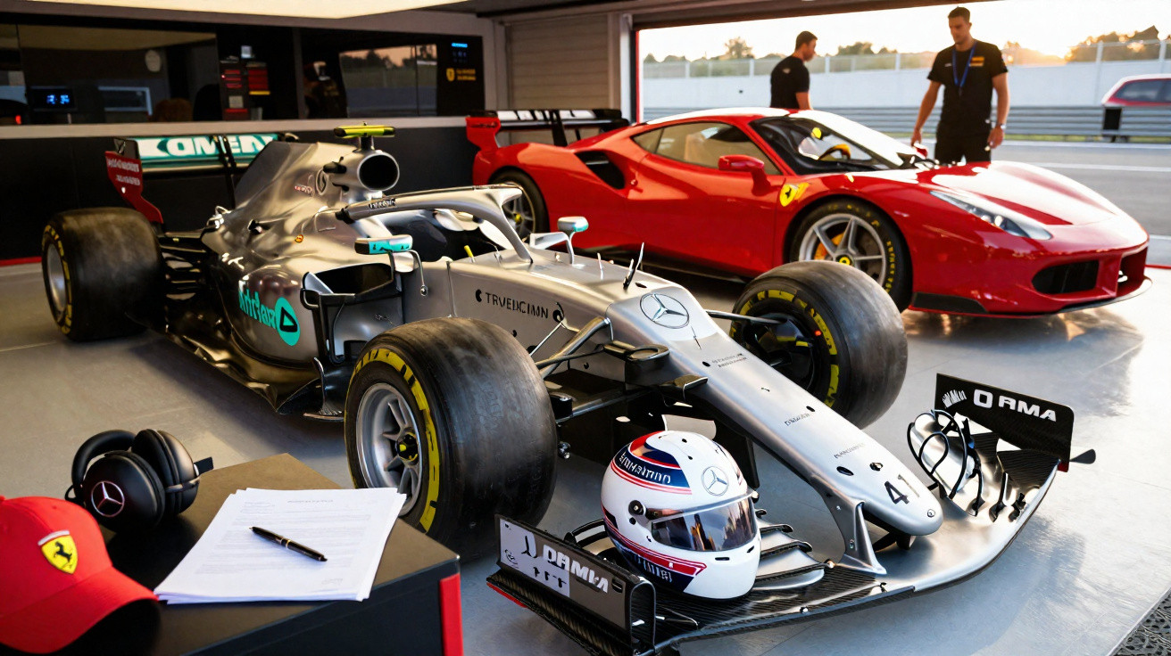 Carro de Fórmula 1 da Mercedes e Ferrari desportiva vermelha numa garagem com duas pessoas ao fundo.