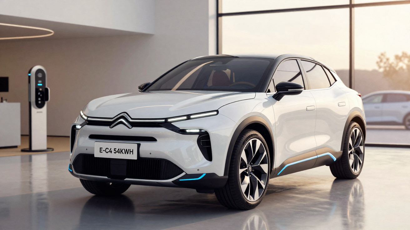 Carro elétrico Citroën E-C4 54KWH branco estacionado em showroom moderno com parede de vidro.