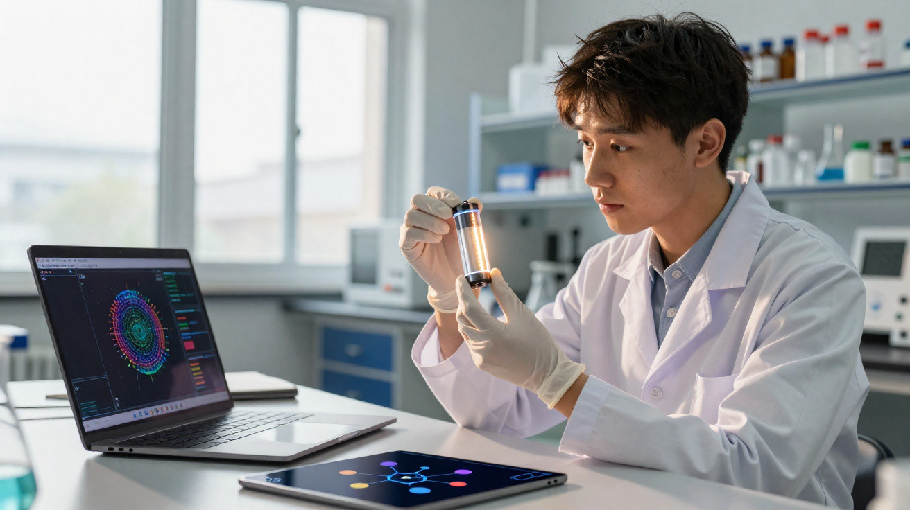 Cientista com bata e luvas analisa amostra em tubo de ensaio em laboratório moderno com computador portátil aberto.
