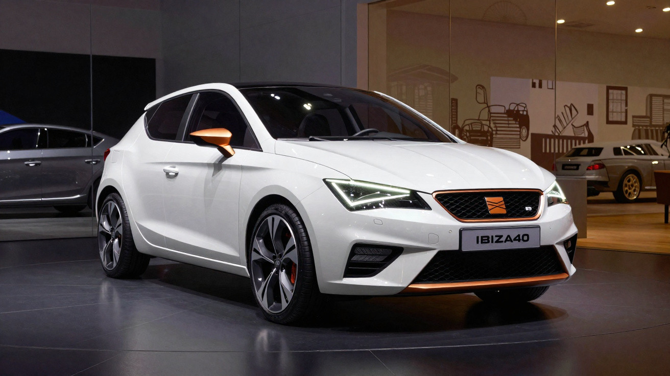 Carro branco desportivo Seat Ibiza 40 exibido num showroom moderno com detalhes em laranja.