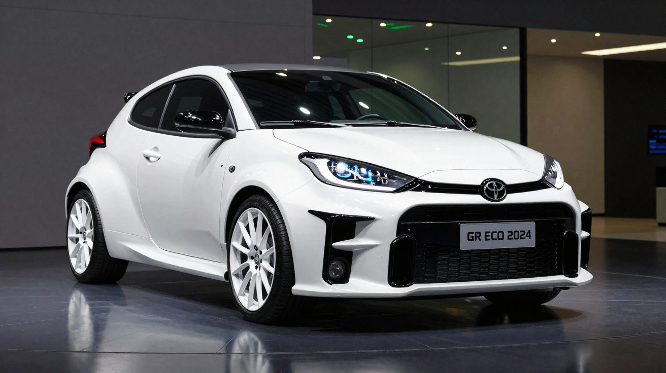 Carro desportivo Toyota GR Eco 2024 branco, visto de frente e lateral, em ambiente interior moderno e iluminado.