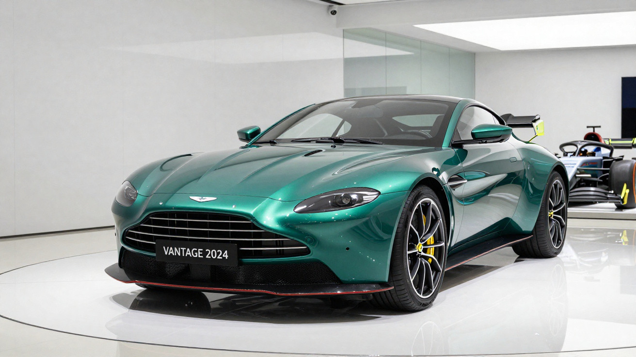 Carro desportivo Aston Martin Vantage 2024 verde metálico em exposição num salão moderno.