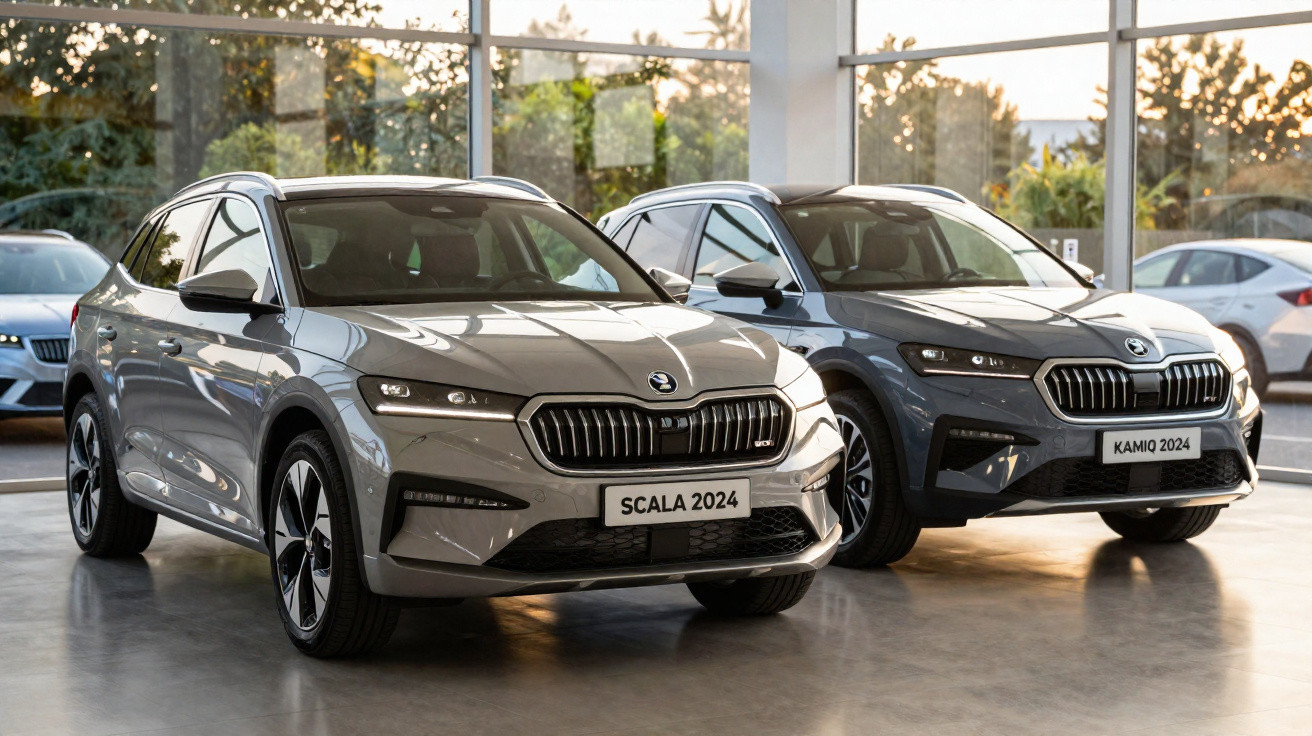Dois carros Škoda cinzentos 2024, modelo Scala e Kamiq, em exposição numa sala com janelas grandes.