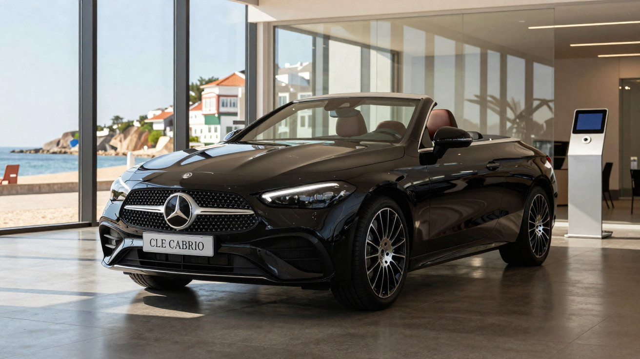 Mercedes-Benz CLE Cabrio preto estacionado em showroom com vista para a praia.