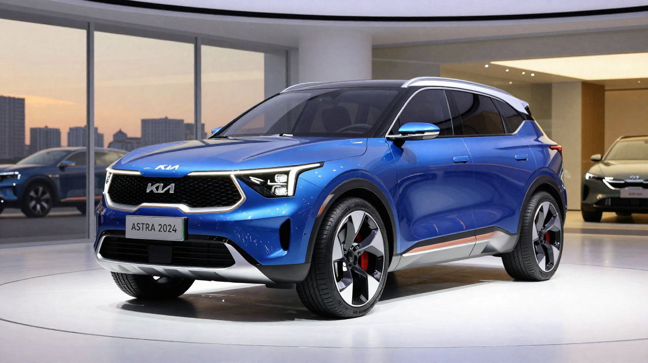 SUV Kia Astra 2024 azul exposto em interior moderno com vidros grandes e iluminação suave.