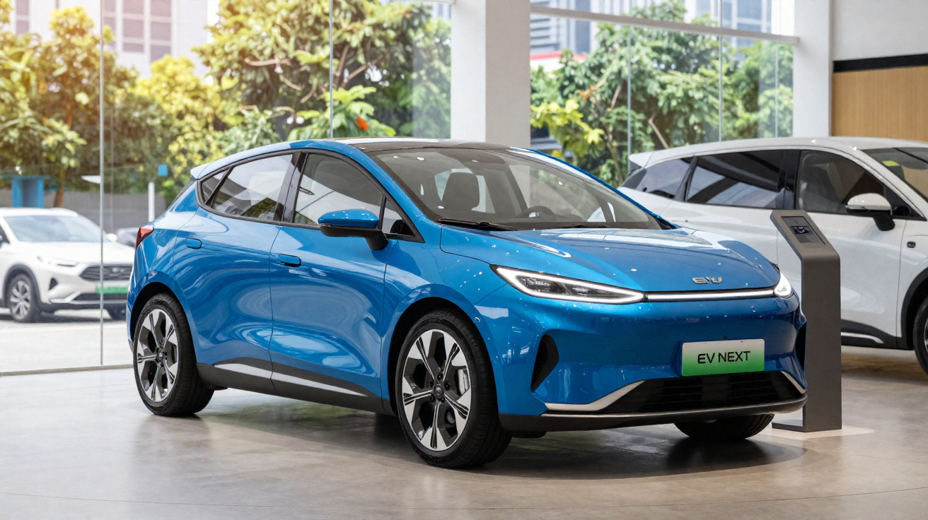 Carro elétrico azul EV NEXT estacionado numa exposição de automóveis com janelas grandes ao fundo.