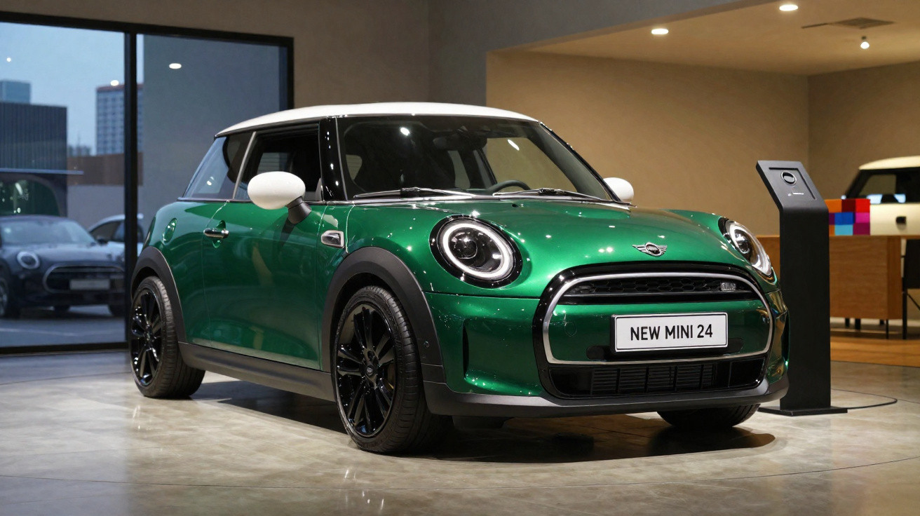 Carro Mini Cooper verde com tejadilho branco exibido em showroom moderno.