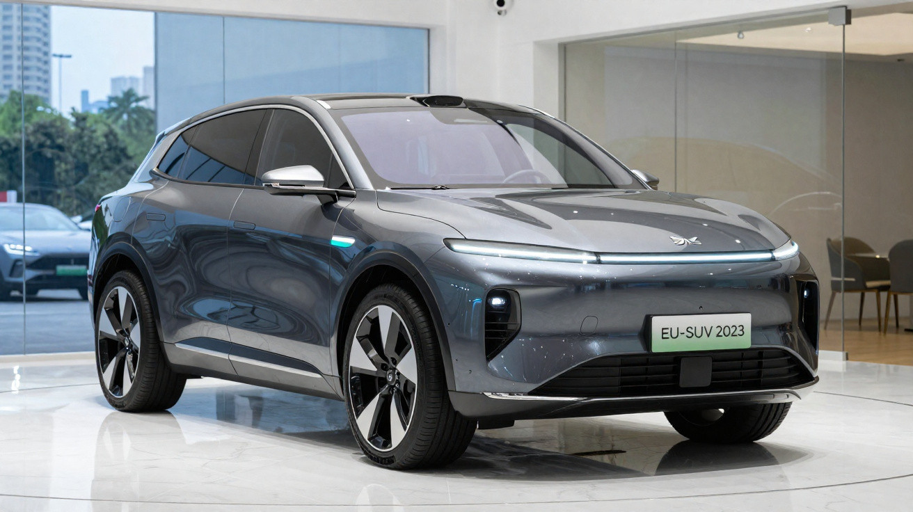 Carro SUV elétrico cinzento exposto numa sala com janelas amplas e chão branco refletor.