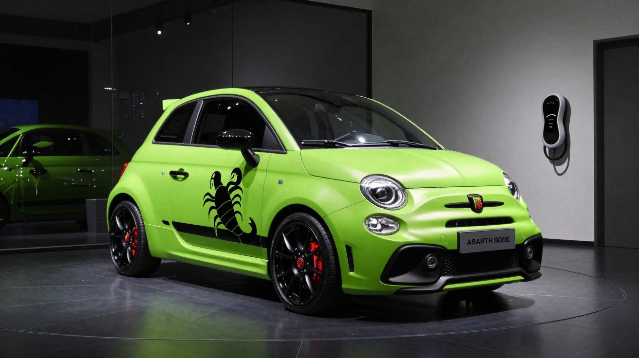 Automóvel compacto verde com símbolo de escorpião preto nas portas e jantes pretas com detalhes vermelhos.