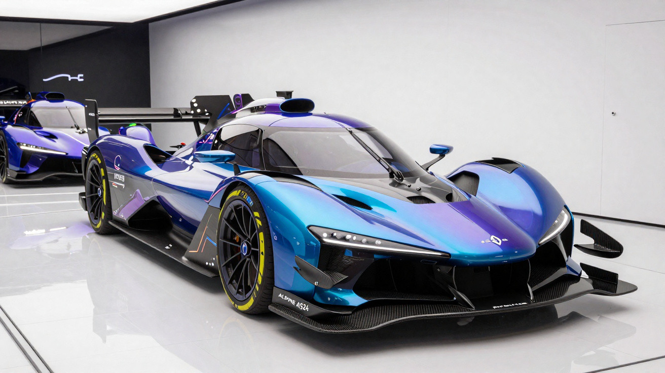 Carro de corrida desportivo azul metálico com detalhes pretos numa sala branca minimalista.
