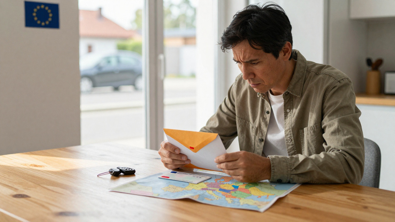 Homem sentado a olhar preocupado para uma carta, com mapa da Europa e chaves de carro sobre a mesa.