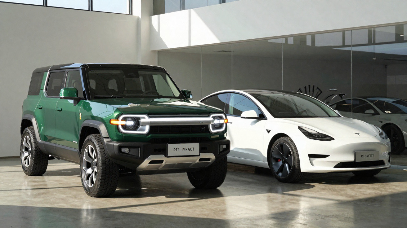 Dois carros elétricos modernos, um SUV verde e um sedan branco, estacionados num showroom brilhante.