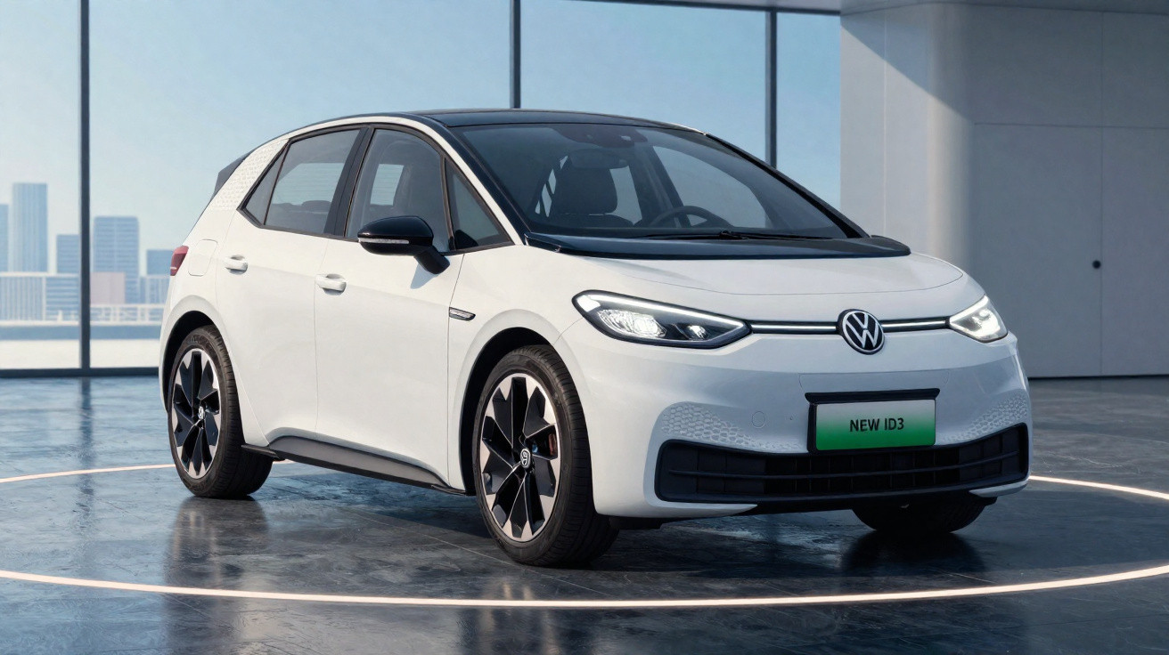Carro elétrico Volkswagen ID3 branco estacionado em espaço urbano moderno com janelas amplas.