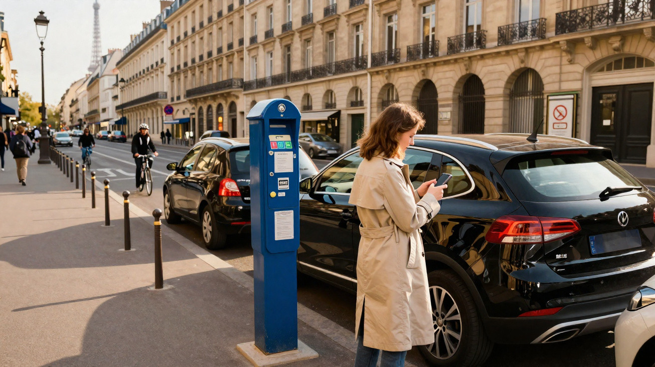 Mulher a utilizar telemóvel junto a parquímetro azul numa rua com carros estacionados e edifícios clássicos em Paris.