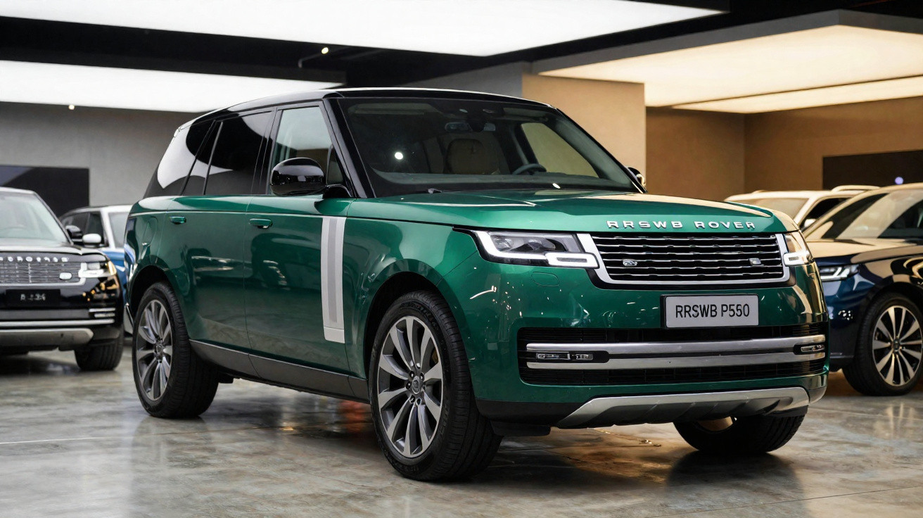 SUV verde escuro estacionado interiormente em showroom moderno com outros carros ao fundo.