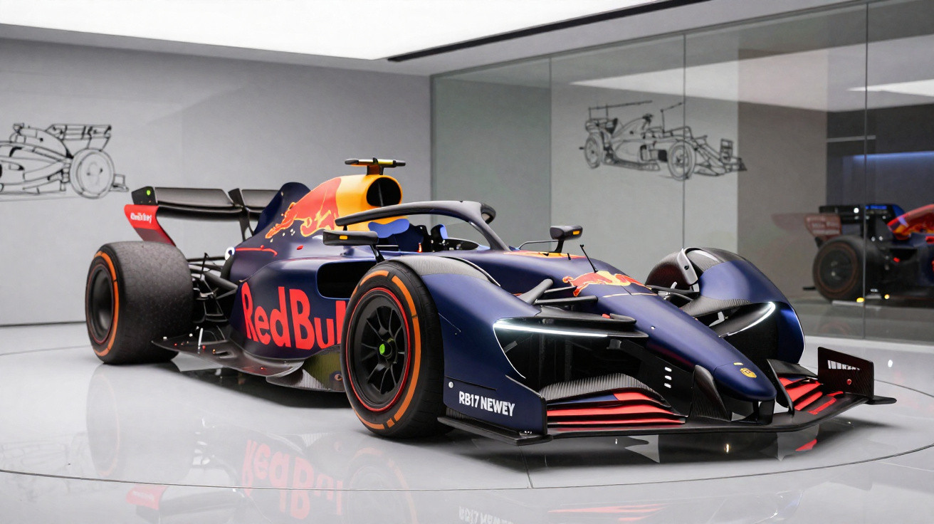 Monolugar de Fórmula 1 da Red Bull em exposição numa sala moderna com paredes espelhadas.