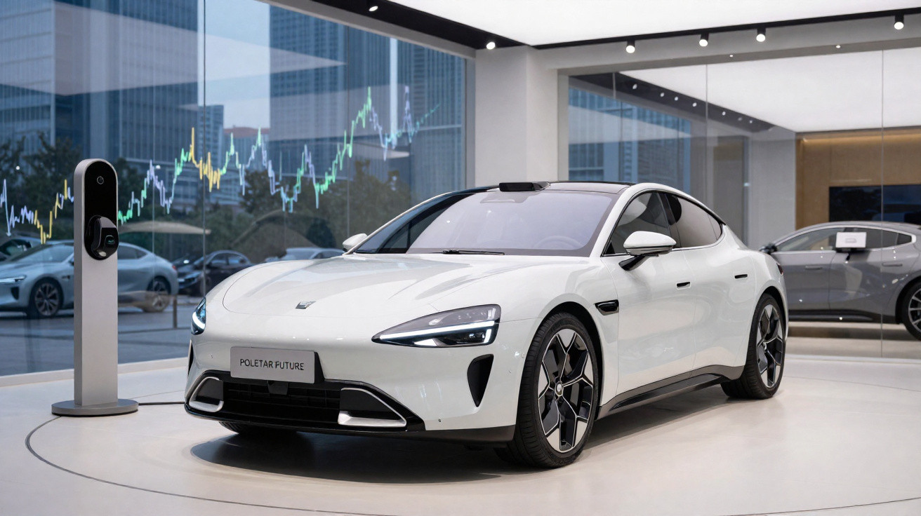 Carro elétrico branco futurista modelo Polestar Future exposto em showroom moderno com estação de carregamento.