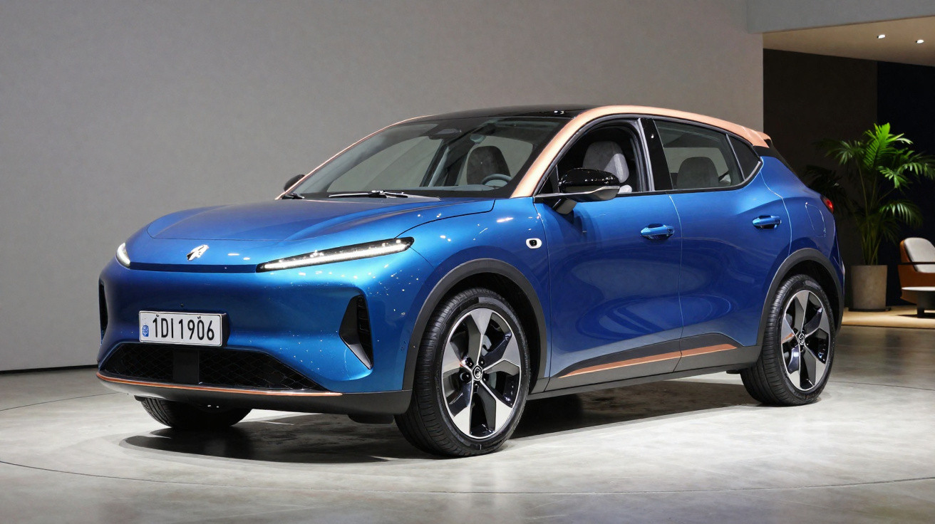 Carro elétrico urbano azul com detalhes castanhos, estacionado em espaço interior moderno.
