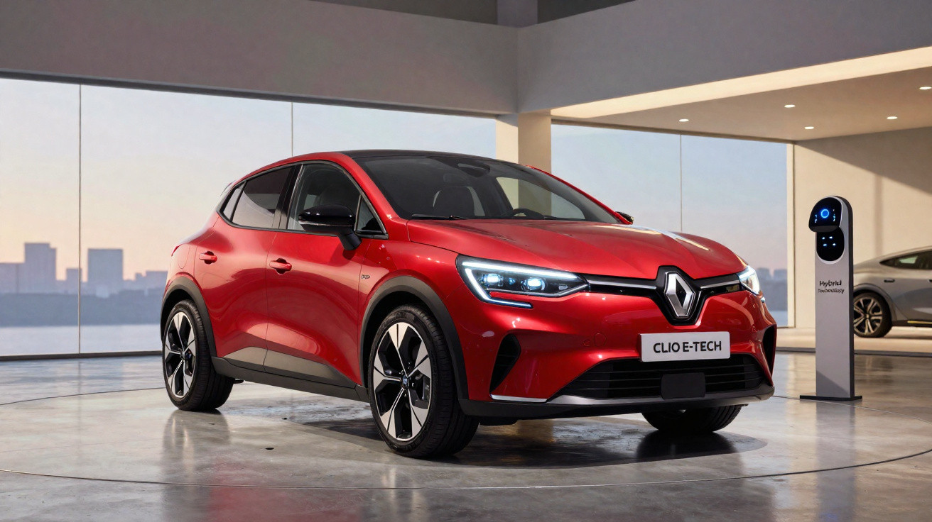 Automóvel elétrico Renault Clio e-Tech vermelho estacionado em garagem moderna com posto de carregamento.