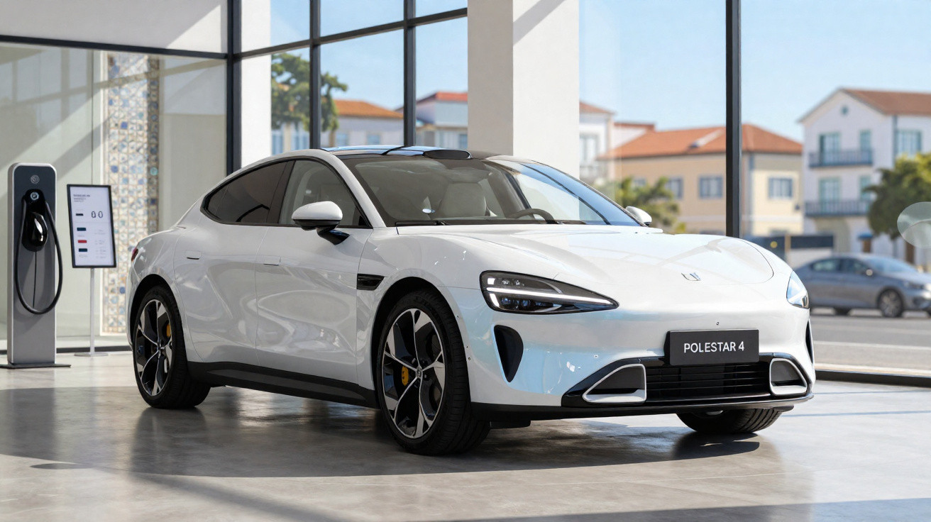 Carro elétrico branco Polestar 4 exposto numa sala com janelas amplas e estação de carregamento ao lado.