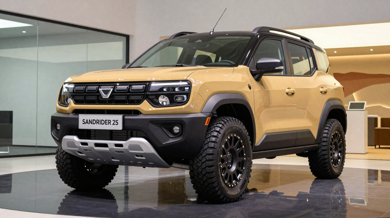 Carro SUV Dacia Sandrider 25 bege em exposição, com capot preto e pneus off-road robustos.