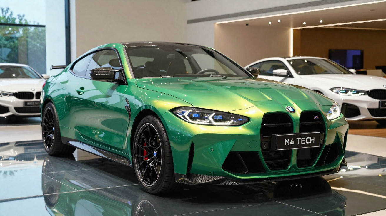Carro desportivo BMW M4 Tech verde exposto em salão moderno com outros carros ao fundo.
