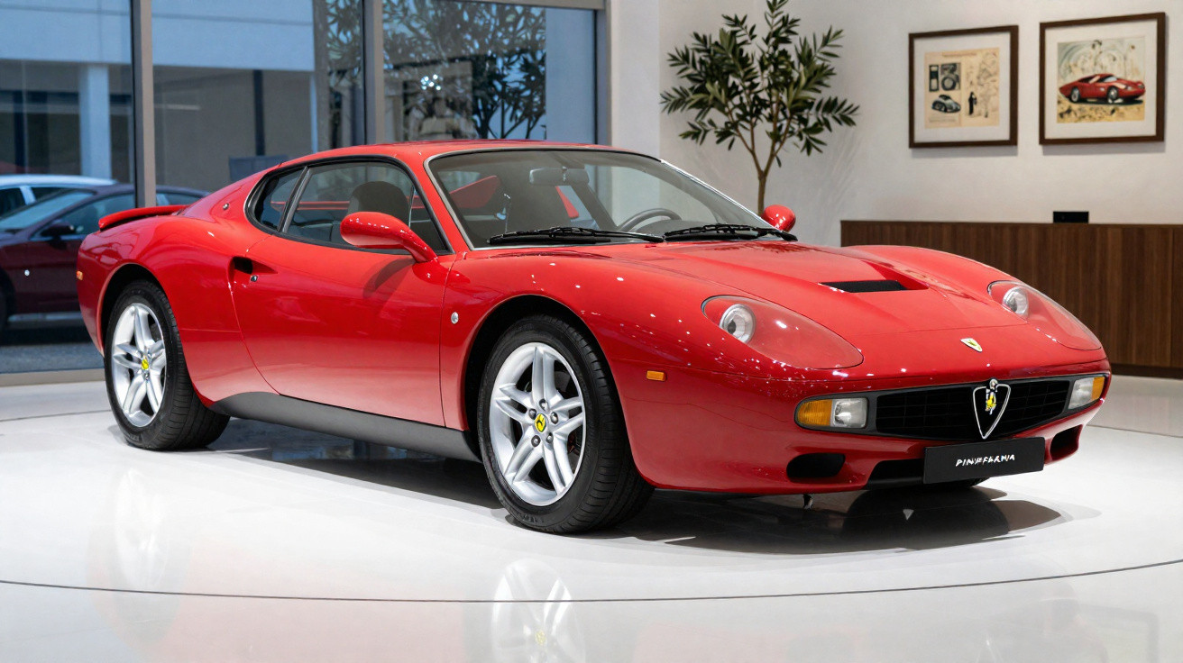 Carro desportivo Ferrari vermelho Pininfarina exposto num showroom moderno com janelas e quadros na parede.