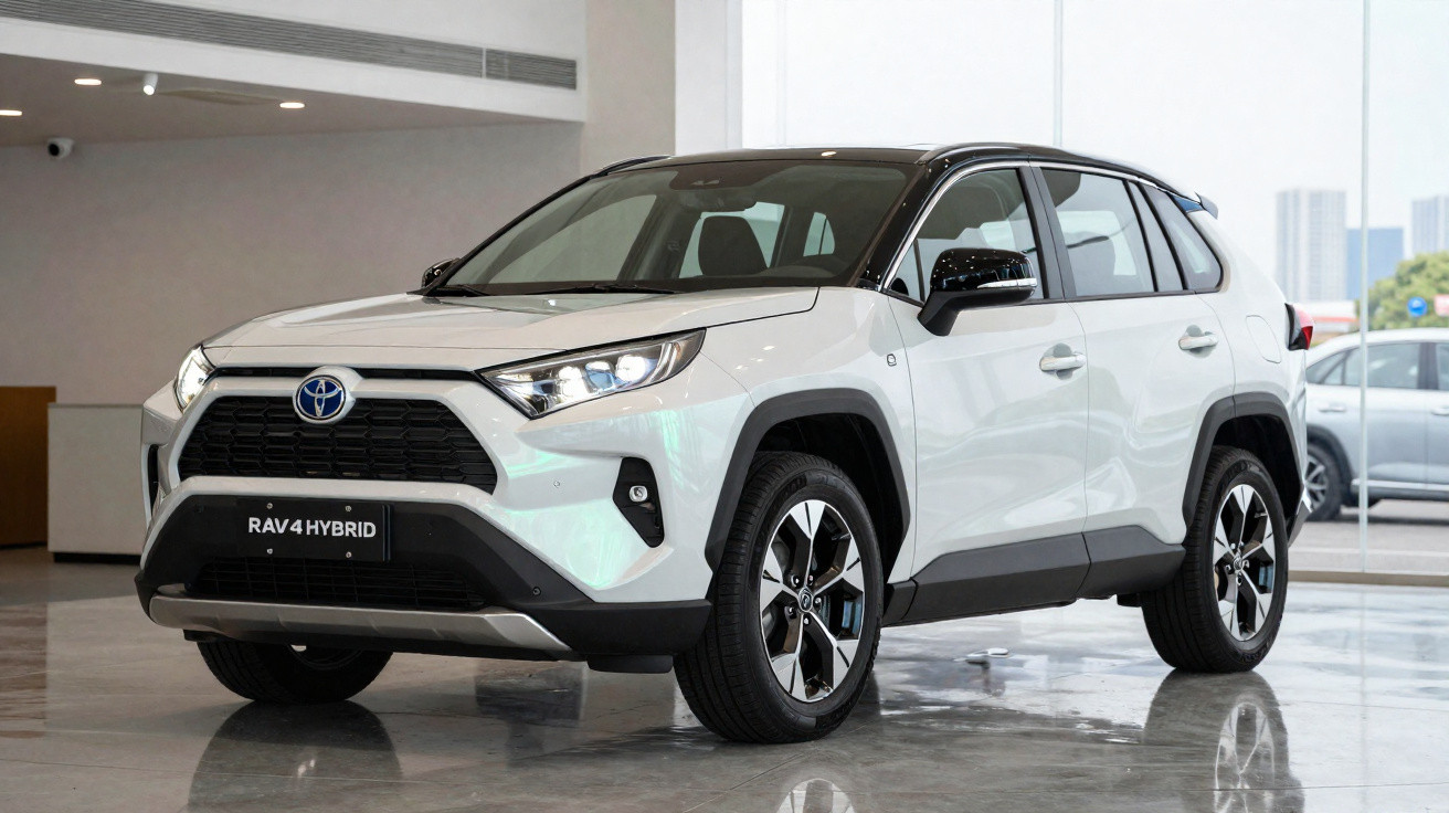 Carro Toyota RAV4 Hybrid branco num showroom moderno com chão refletor.