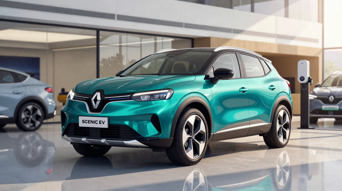 Veículo elétrico Renault Scenic EV verde em showroom moderno com outros carros ao fundo e estação de carregamento.