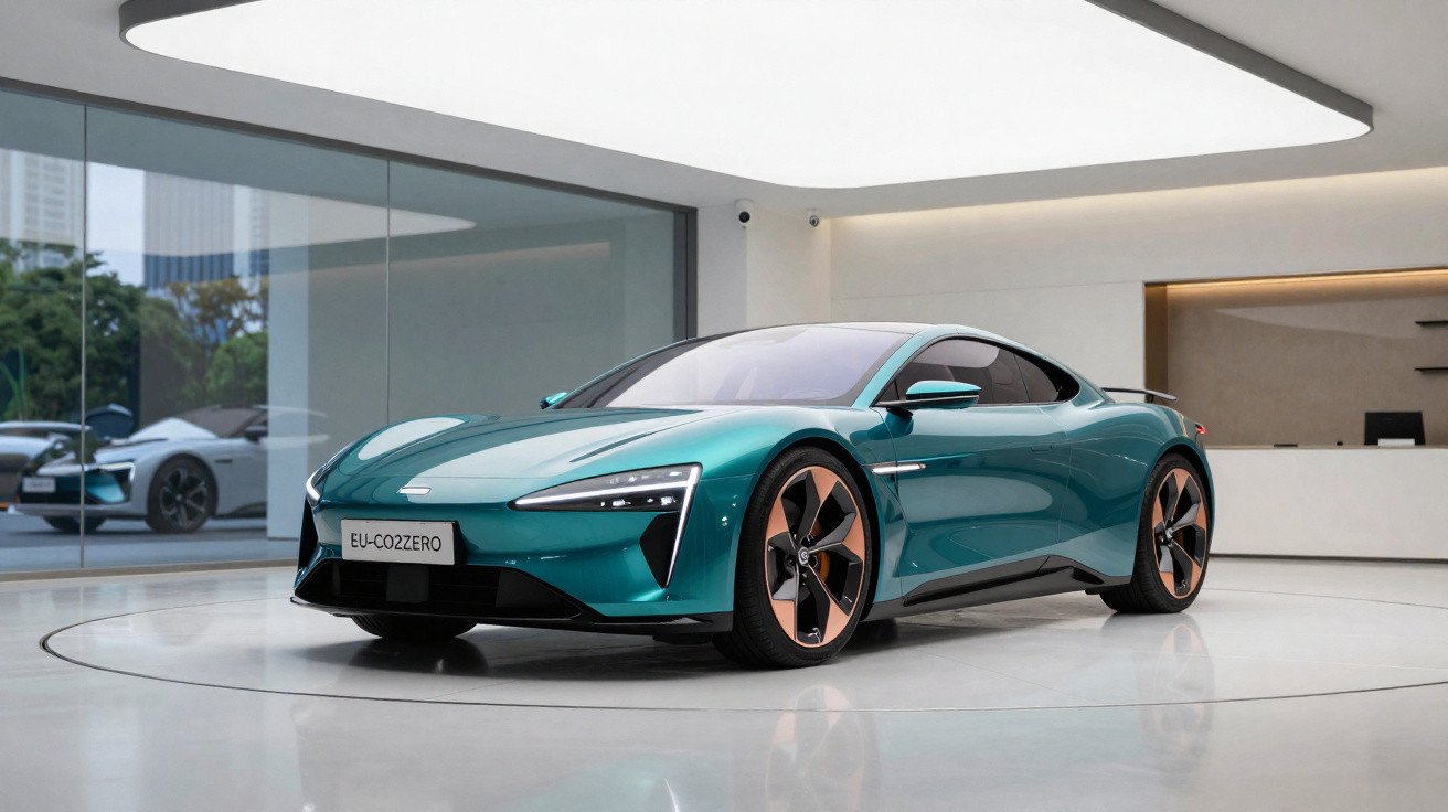 Carro desportivo elétrico azul metálico numa sala moderna com chão branco e paredes de vidro.
