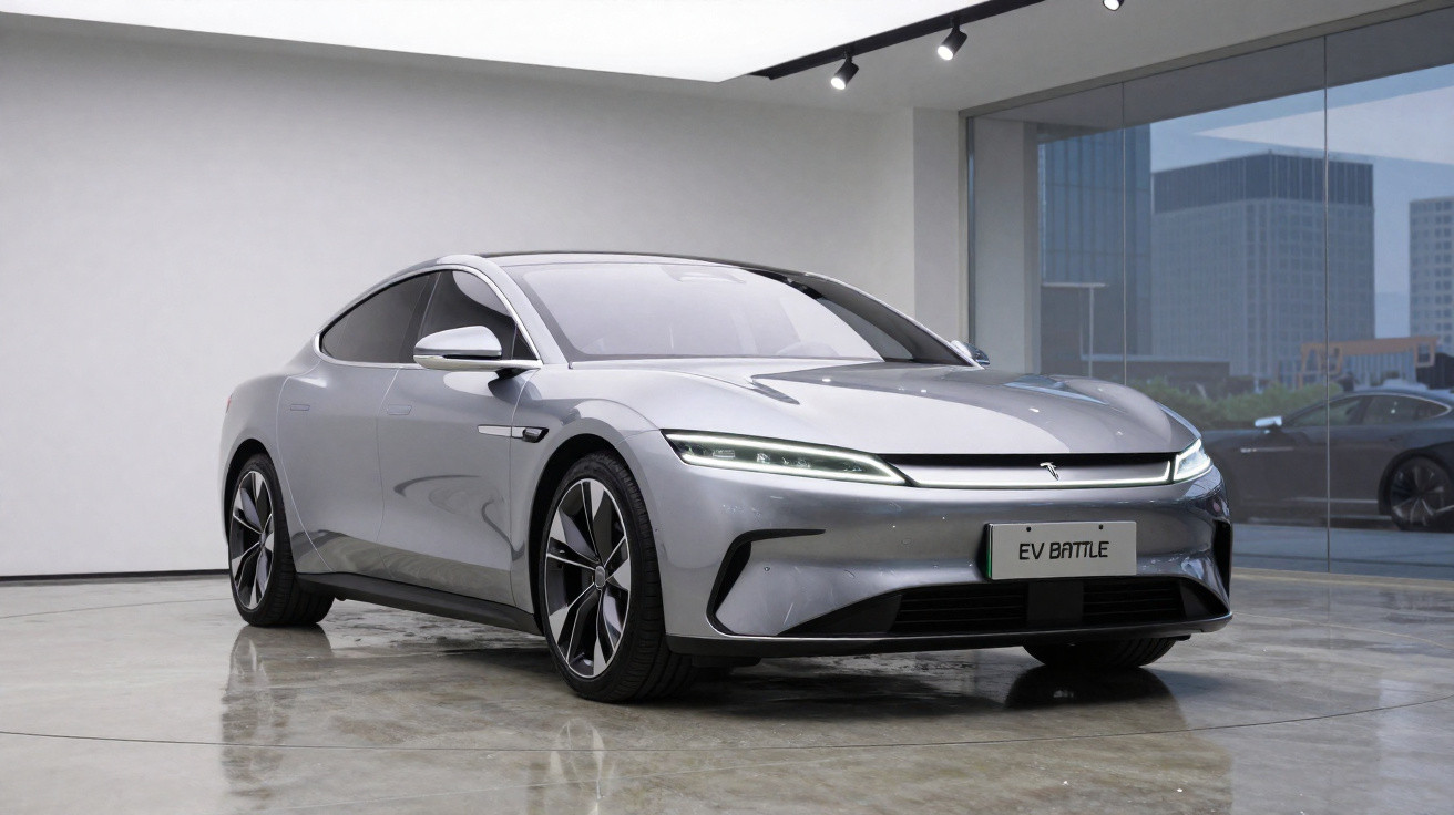 Carro elétrico cinzento prata EV Battle estacionado em showroom moderno com piso em cimento polido.