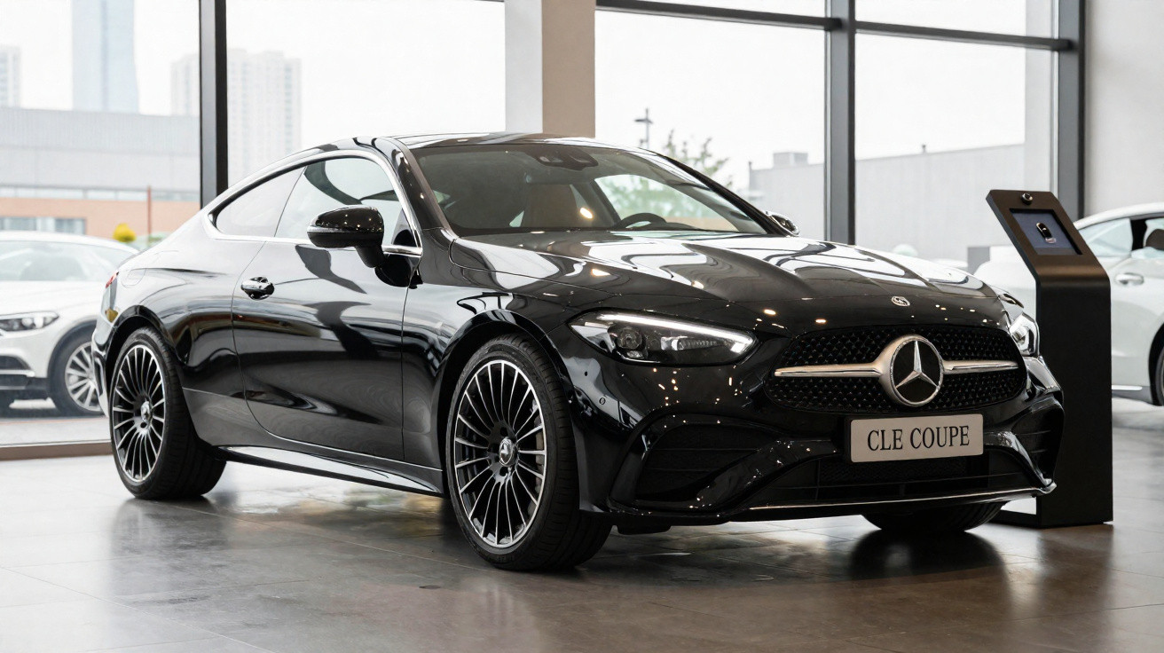Carro desportivo Mercedes-Benz CLE Coupé preto em exposição numa sala com grande janela.