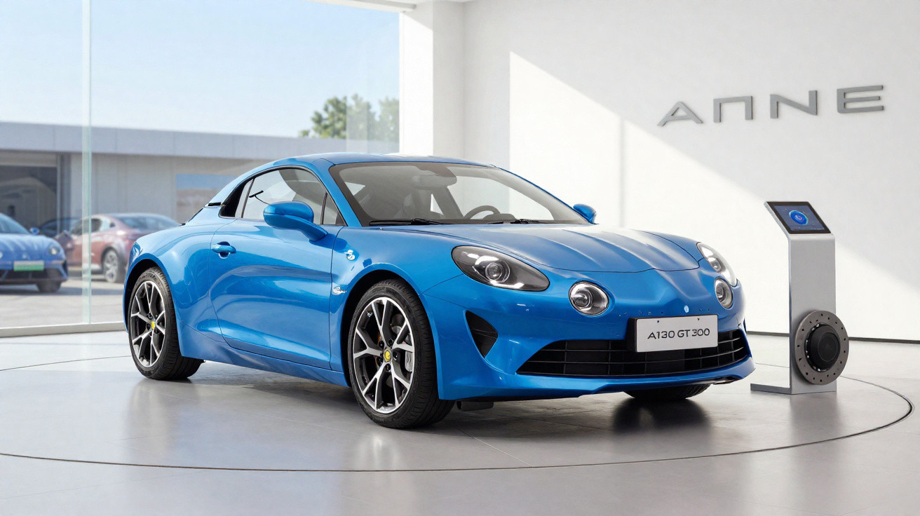 Carro desportivo azul Alpine A130 GT 300 em exposição numa sala moderna com paredes brancas.