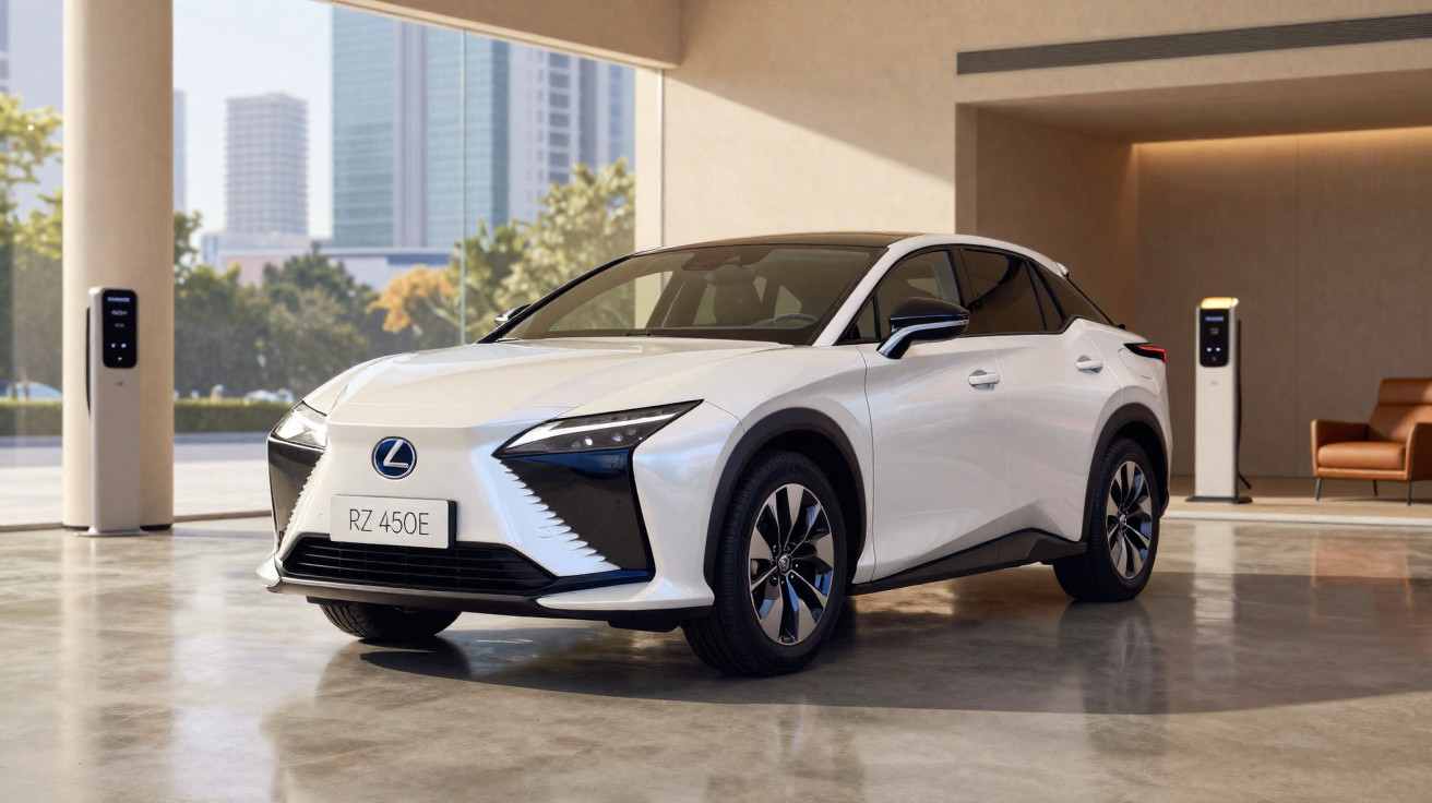 Carro elétrico Lexus RZ 450E branco estacionado num espaço moderno com tomadas de carregamento.
