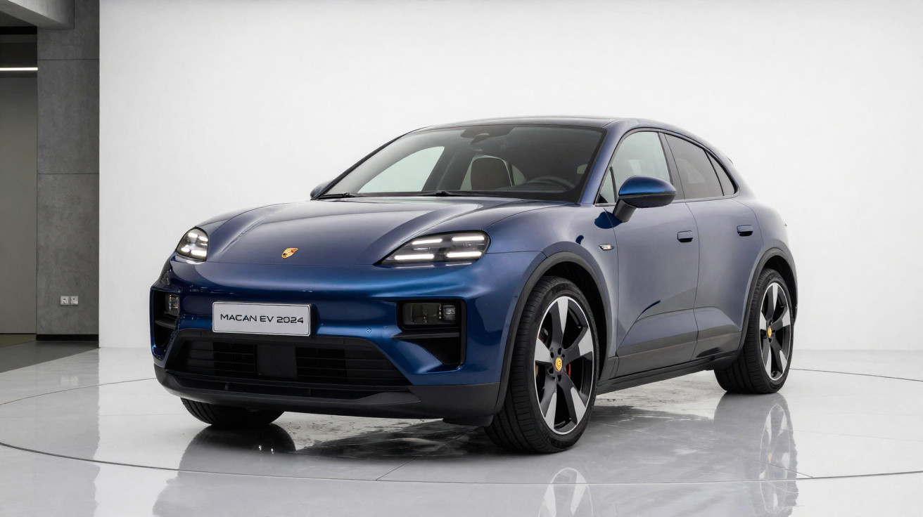 Carro elétrico Porsche Macan EV 2024 azul, vista frontal direita em ambiente de estúdio minimalista.