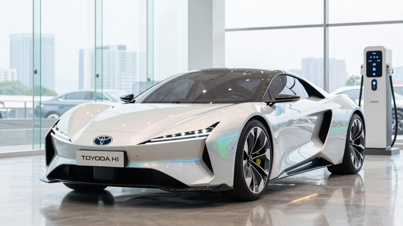 Carro desportivo elétrico branco da Toyota estacionado numa sala moderna com carregador elétrico ao lado.