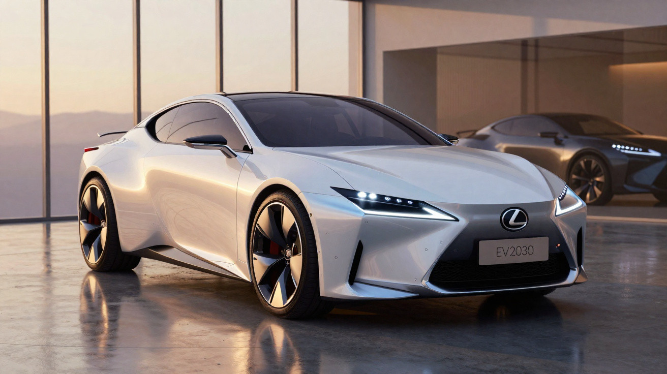 Automóvel desportivo elétrico Lexus EV 2030 branco num showroom moderno com janelas amplas.