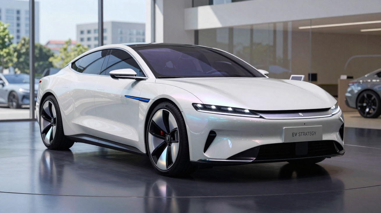 Carro elétrico branco de design futurista exposto em showroom moderno com janelas e outras viaturas ao fundo.
