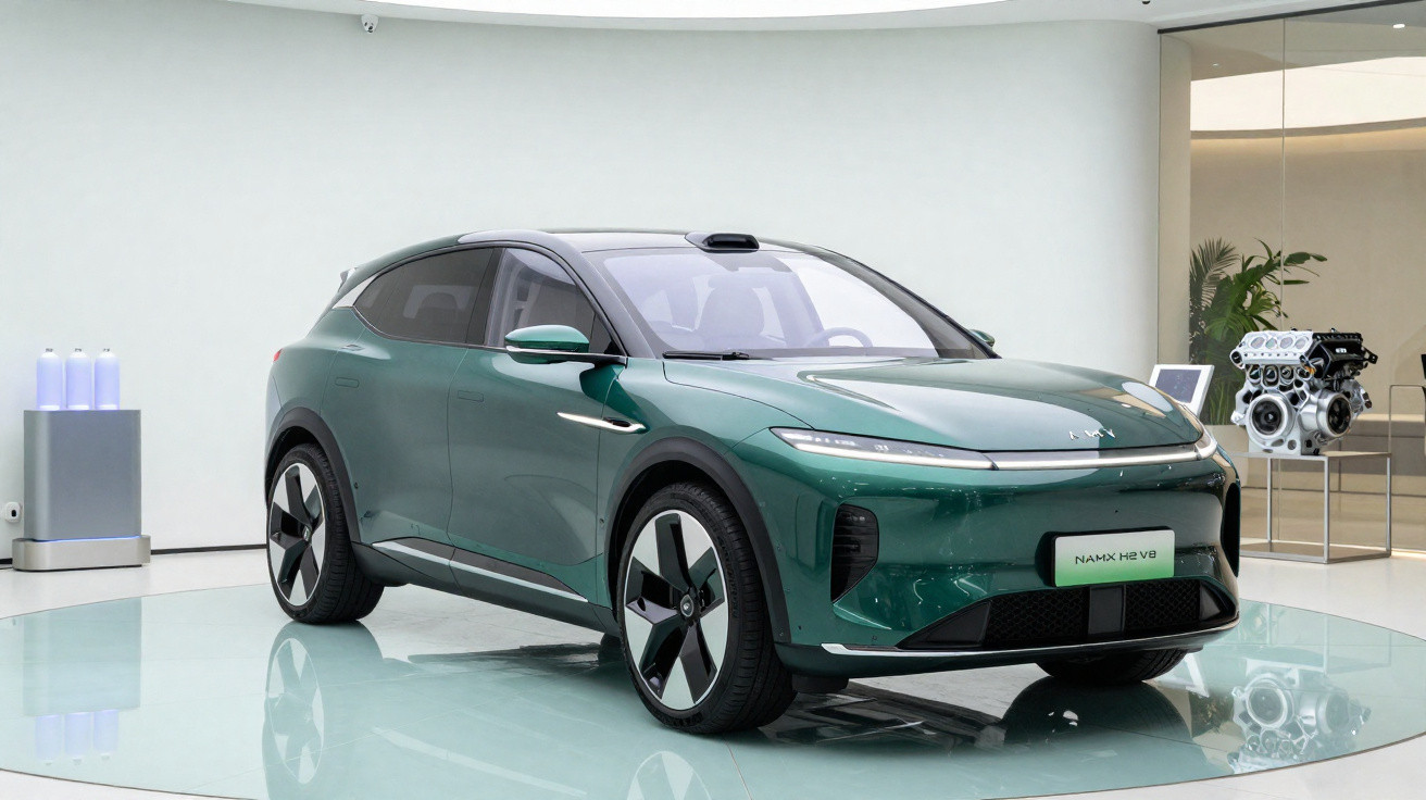 Carro elétrico verde escuro exposto em sala moderna com motor e bateria ao fundo.