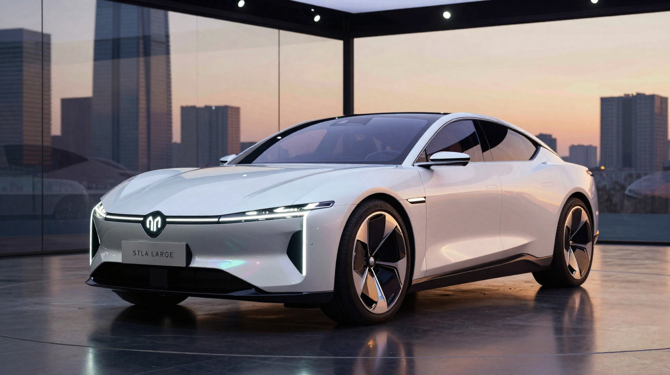 Carro elétrico branco futurista estacionado em espaço fechado com janelas panorâmicas e vista para a cidade ao pôr do sol.