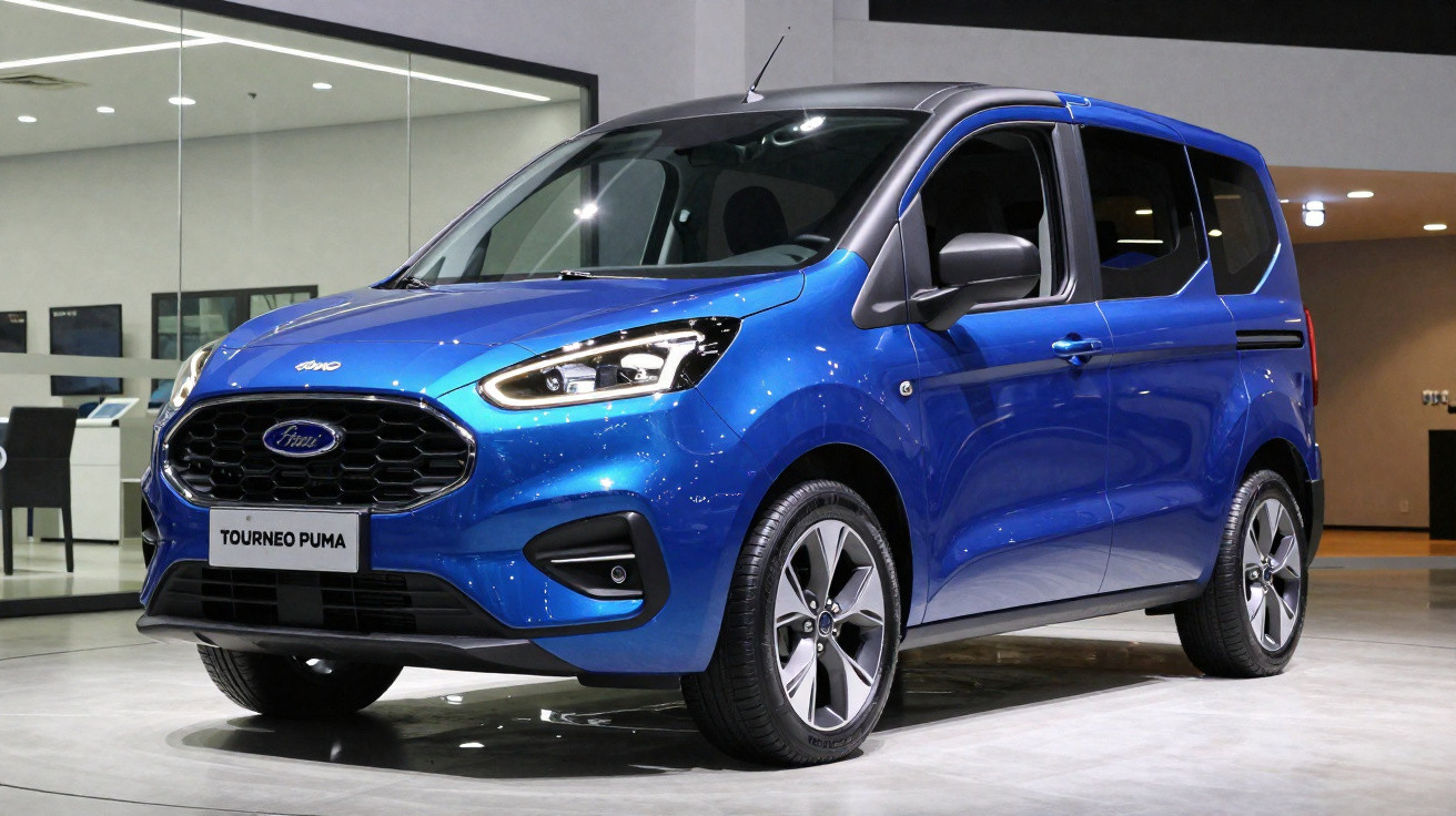 Veículo Ford Tourneo Puma azul estacionado numa sala moderna com chão claro e paredes brancas.