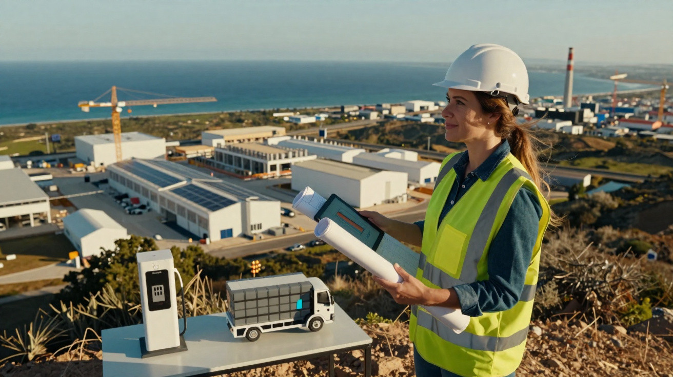 Engenheira com capacete e colete reflete sobre projeto de carregamento elétrico junto a indústria costeira.