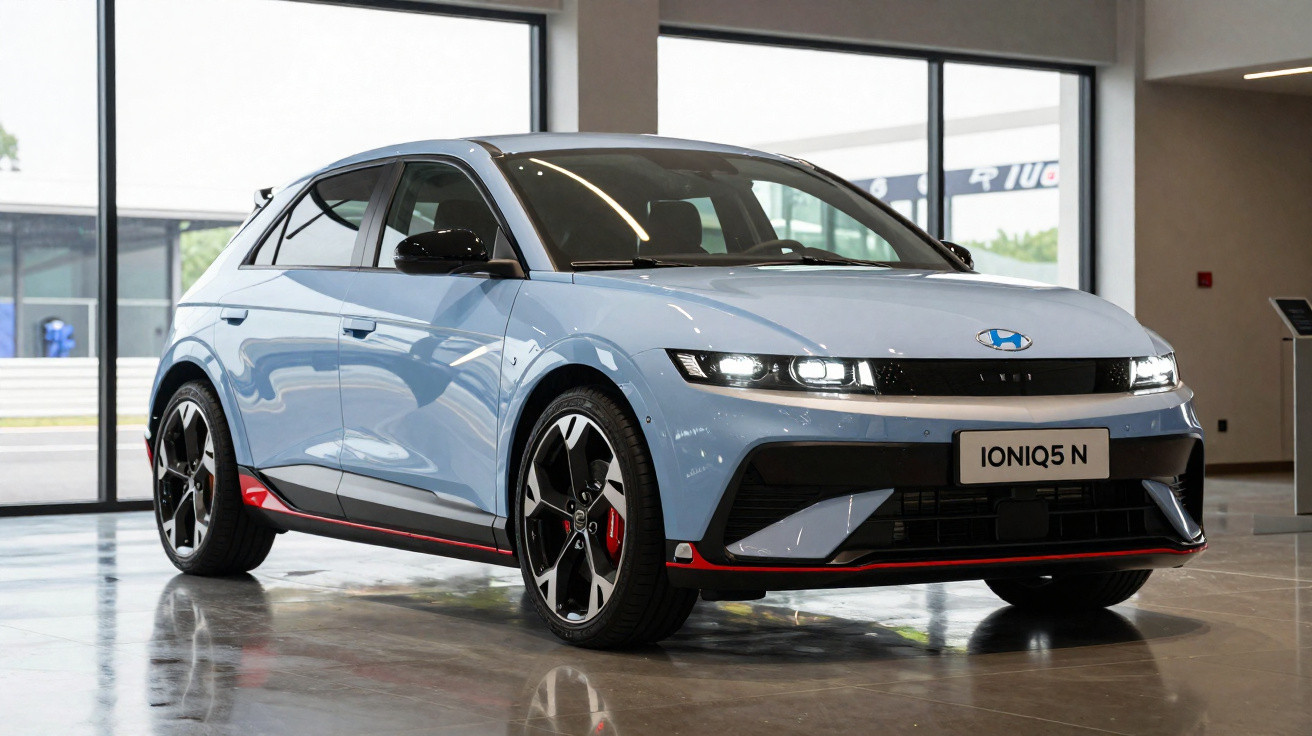 Hyundai Ioniq 5 N azul eléctrico estacionado em piso de showroom com janelas amplas ao fundo.