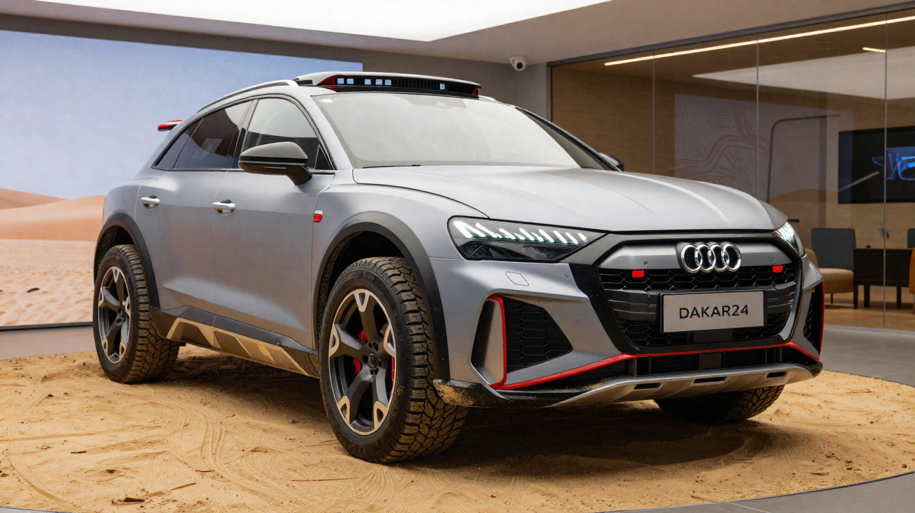 Audi Q8 cinzento com pneus off-road em exposição numa sala com chão de areia e paredes de vidro.